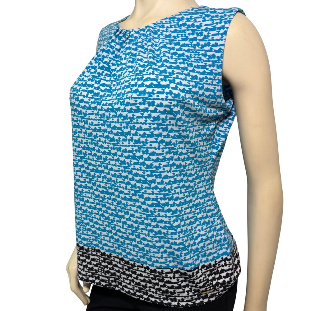 Calvin Klein Womens Teal White Abstract Print Pleated Neck Sleeveless Blouse L - Picture 3 of 10